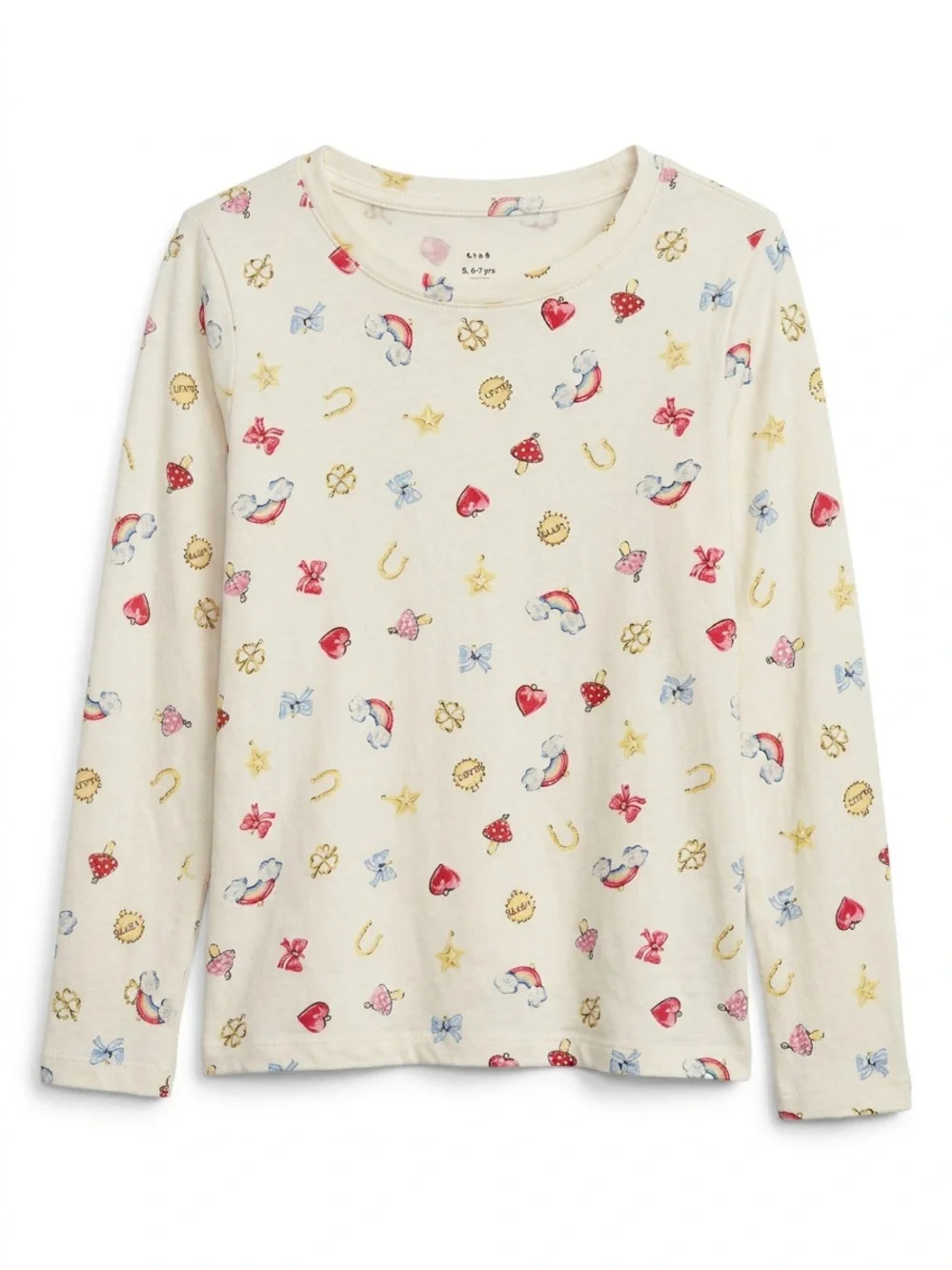 Old Navy Cream Long-Sleeve Tee with Small Red, Yellow & Blue Motifs